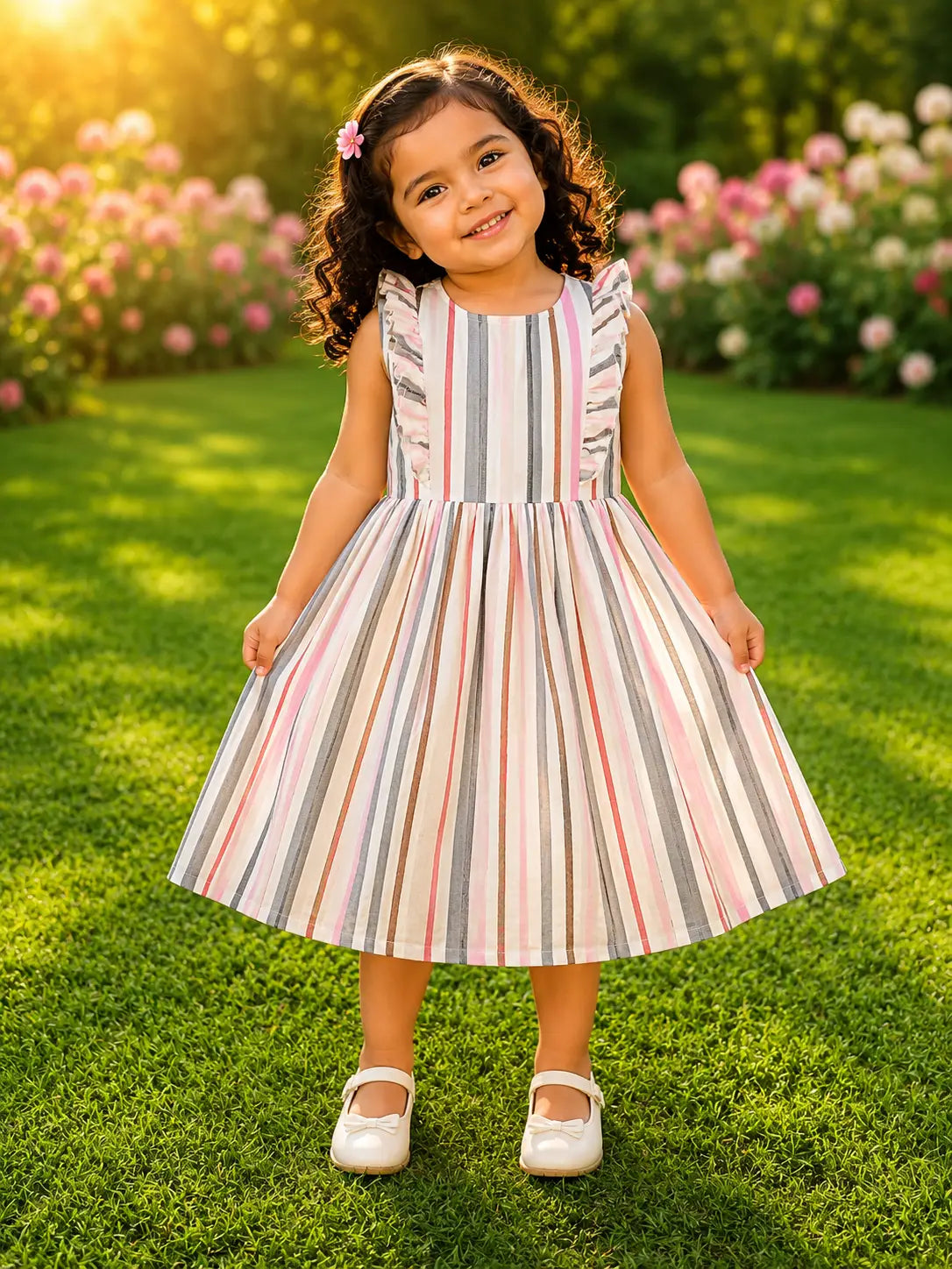Girls Pastel Striped round neckline Cotton Frock with Ruffle Sleeves