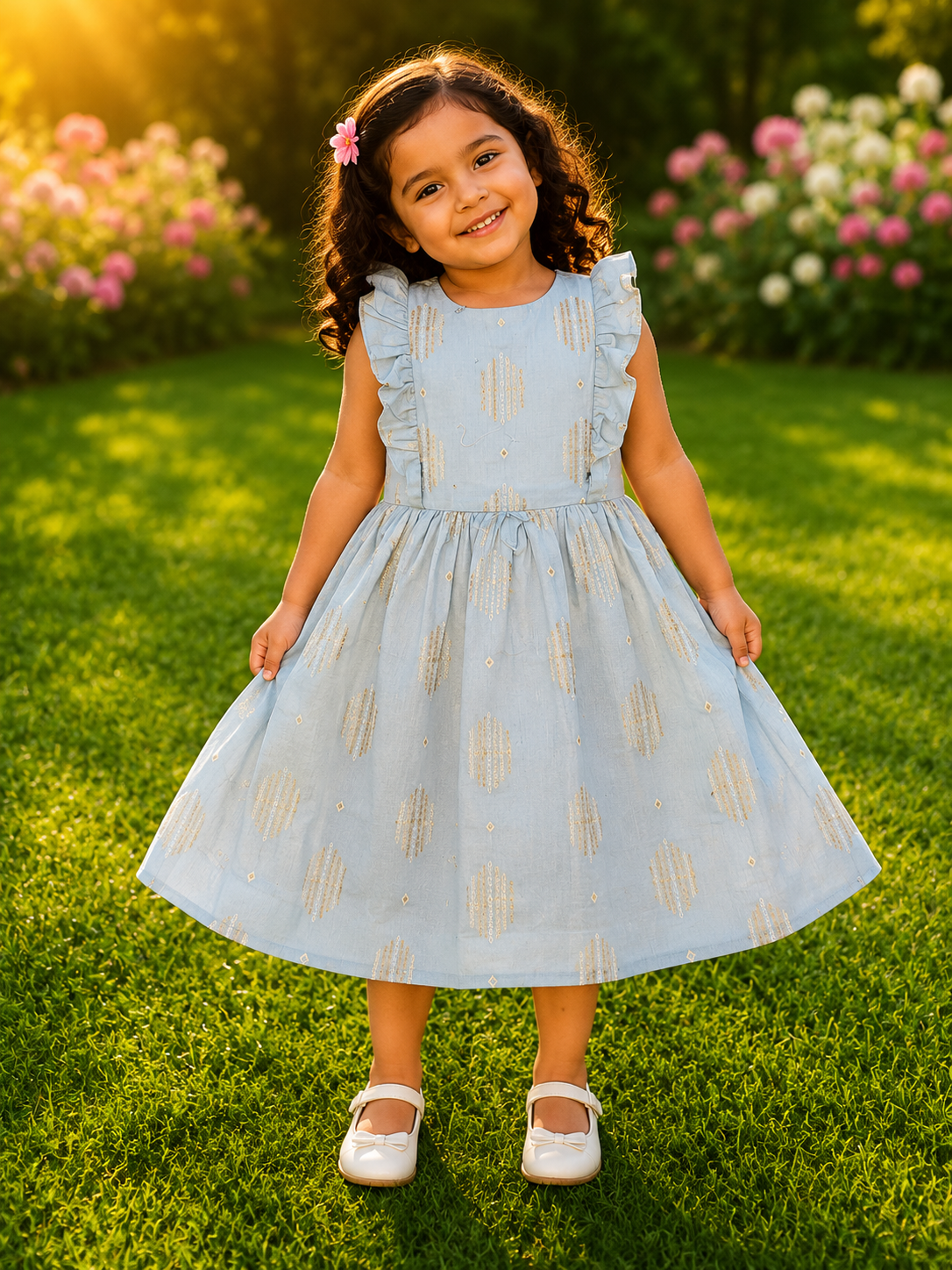 Little girl wearing powder blue sleeveless dress with ruffle sleeves and ethnic gold print, standing on grass outdoors