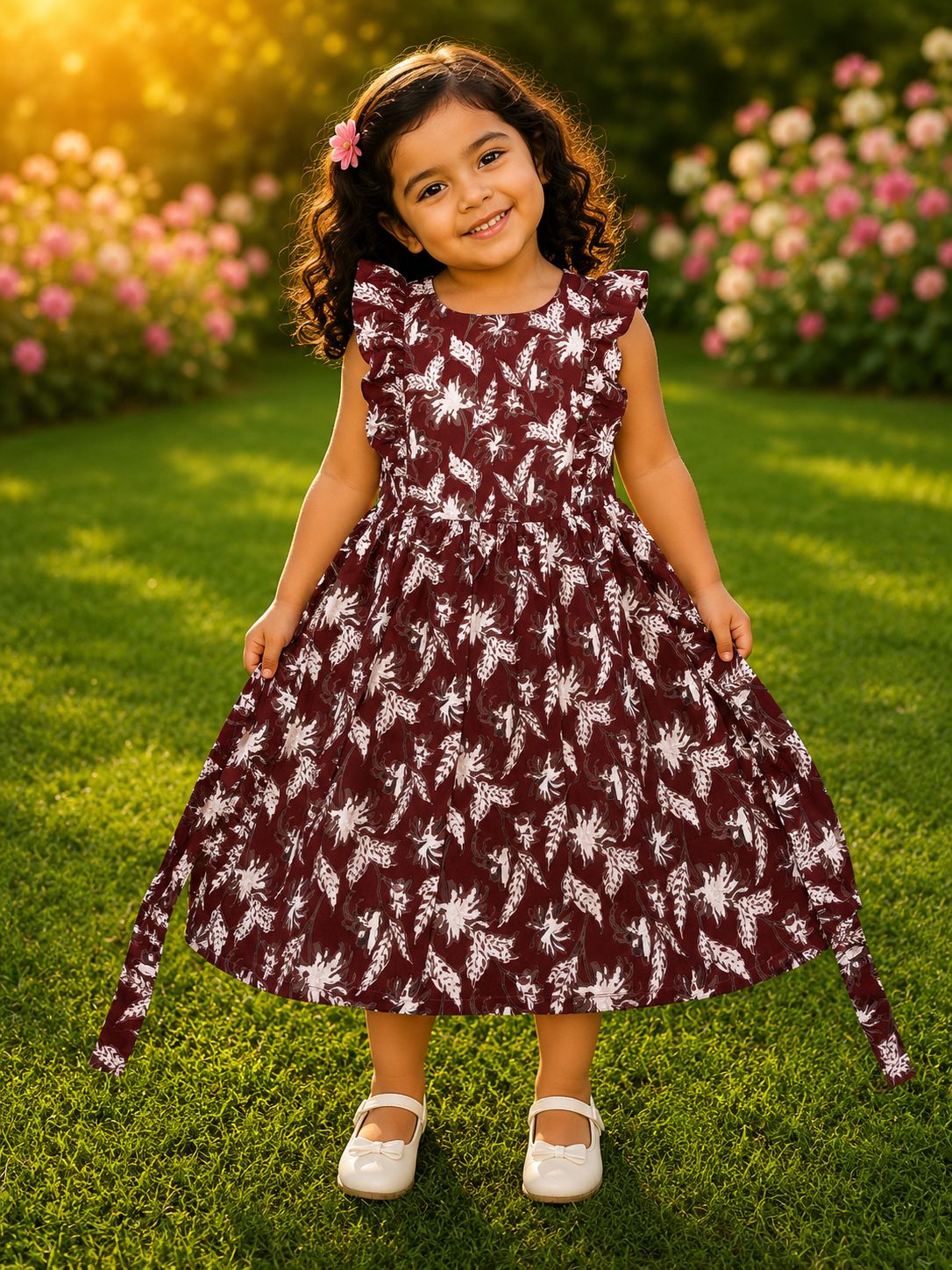 Girls Maroon Floral Print round neckline  Cotton Frock with Ruffle Sleeves
