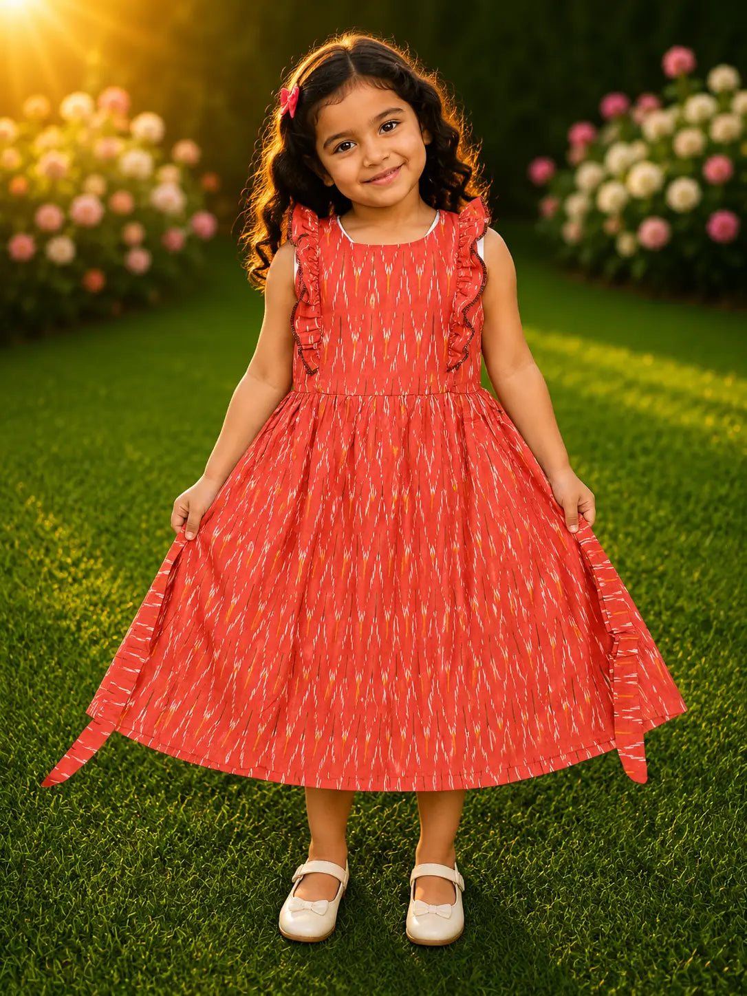 Girls Coral Pink Ikat Print round neckline  Cotton Frock with Ruffle Sleeves