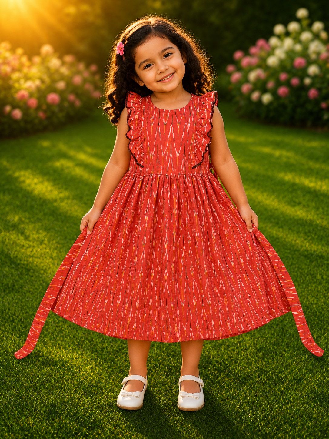 Front view of a little girl smiling in a terracotta orange sleeveless dress with ikat print and ruffle details, standing outdoors on grass