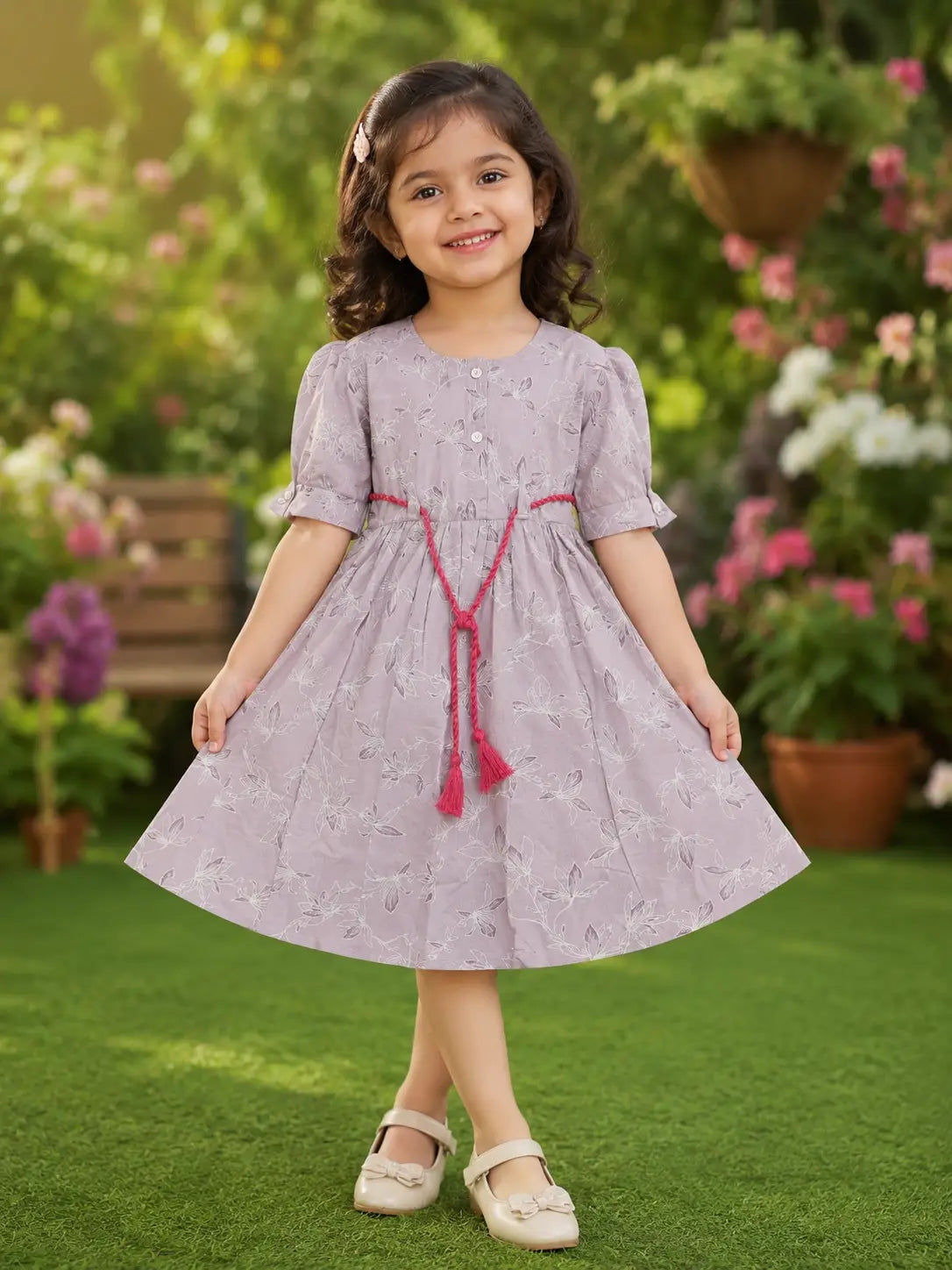 Girls Dusty Mauve Floral Print Square neckline  Rayon Frock with Tassel Belt
