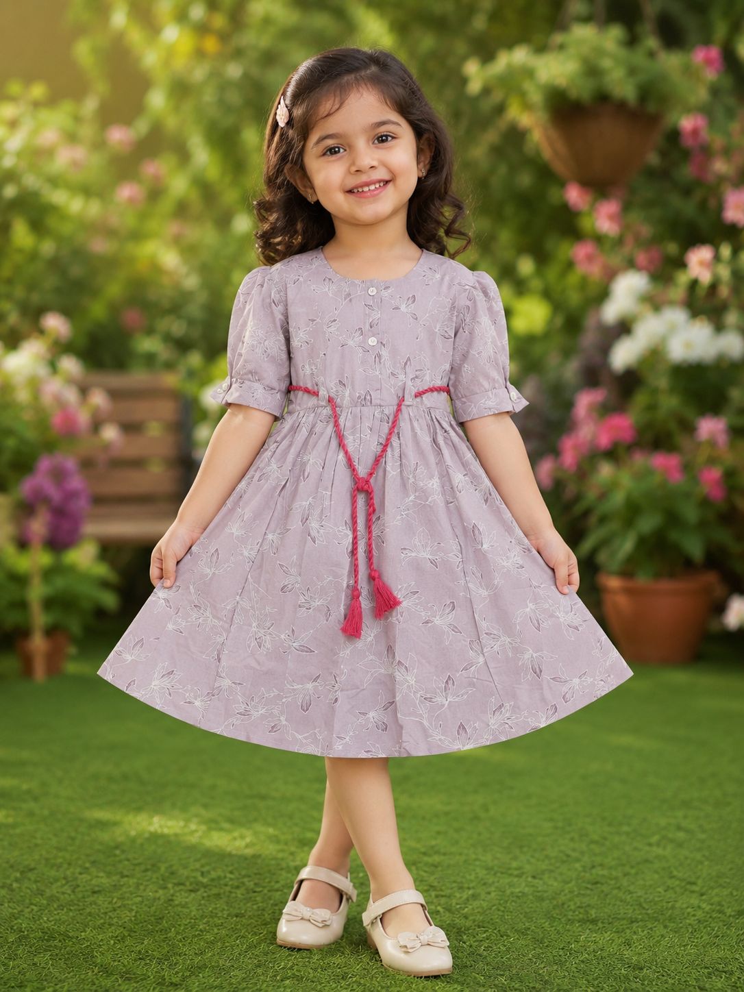Girls Dusty Mauve Floral Print Square neckline  Rayon Frock with Tassel Belt
