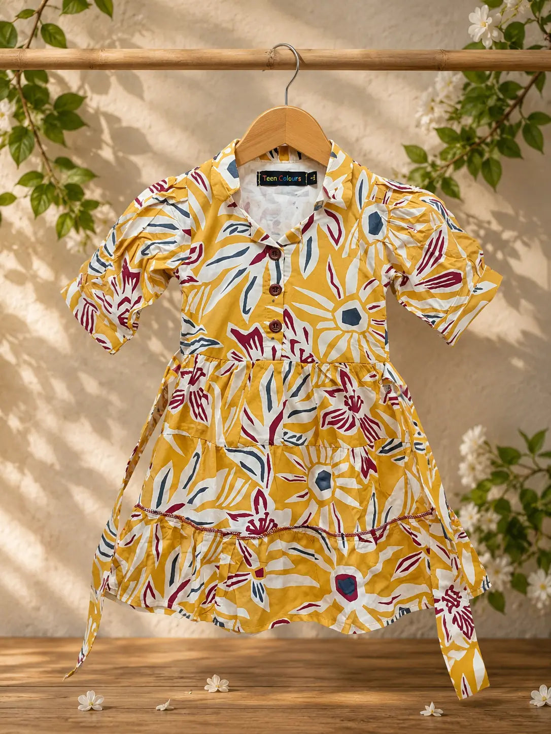 Girls Mustard Yellow Floral Printed cotton Tiered Dress with  Puff Sleeves