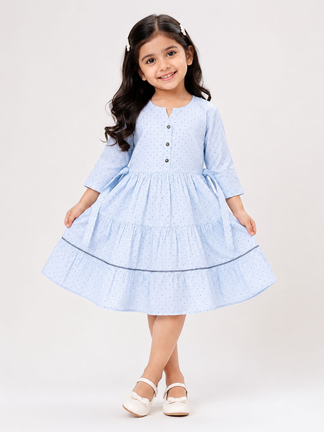 Girls Baby Blue Polka Dot Printed cotton Tiered frock with puff sleeves