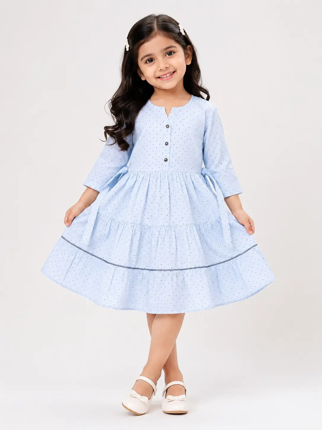 Girls Baby Blue Polka Dot Printed cotton Tiered frock with puff sleeves