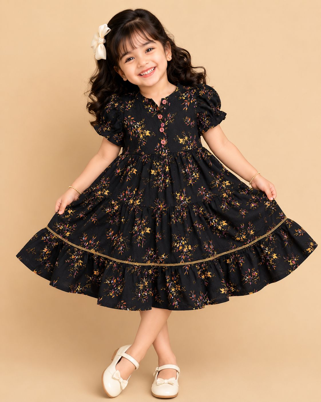 Girls  round neckline Black Floral Print Sleeveless Fit & Flare Dress