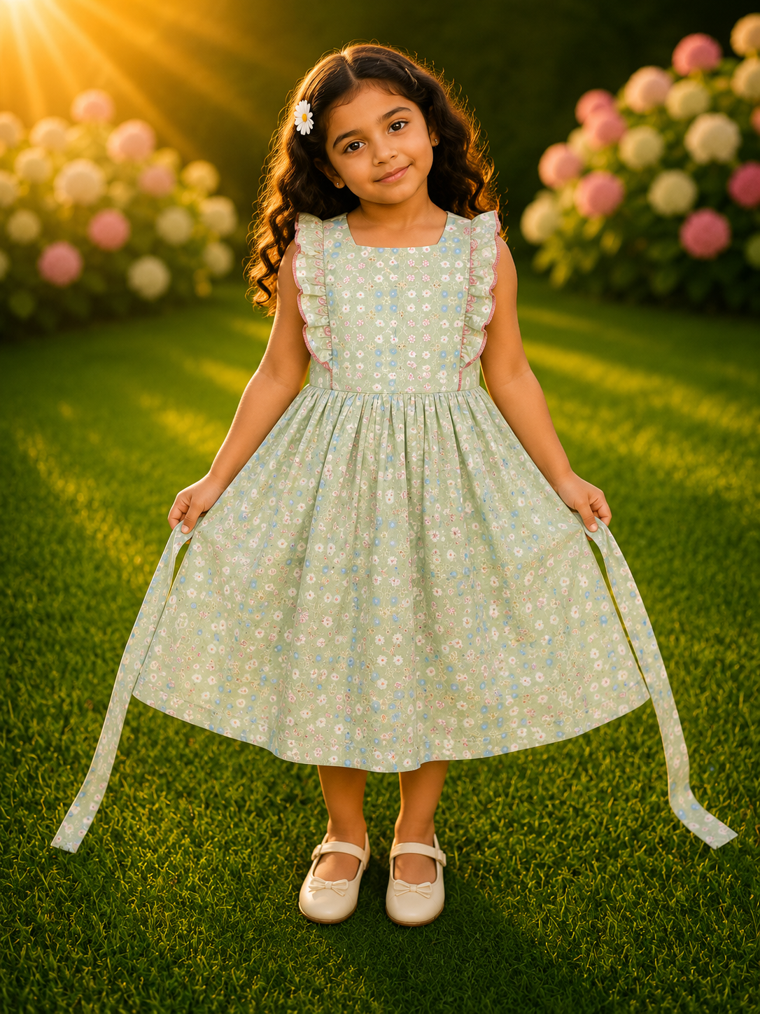 Young girl wearing a sage green floral cotton dress with ruffles and waist ties in a garden setting