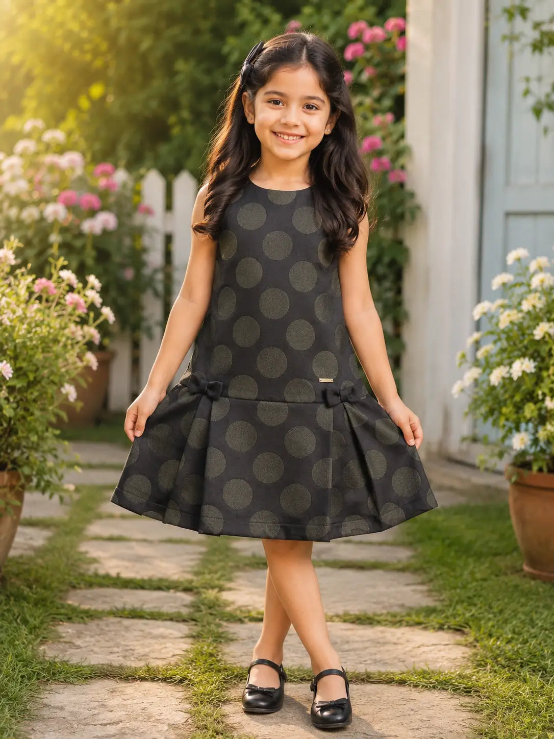 Girls Black Polka Dot Sleeveless Cotton Round neckline  Fit & Flare Frock