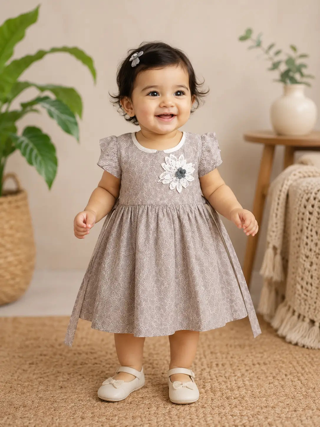 Girls Lavender  Round neckline Floral Applique Printed Cotton Frock Dress