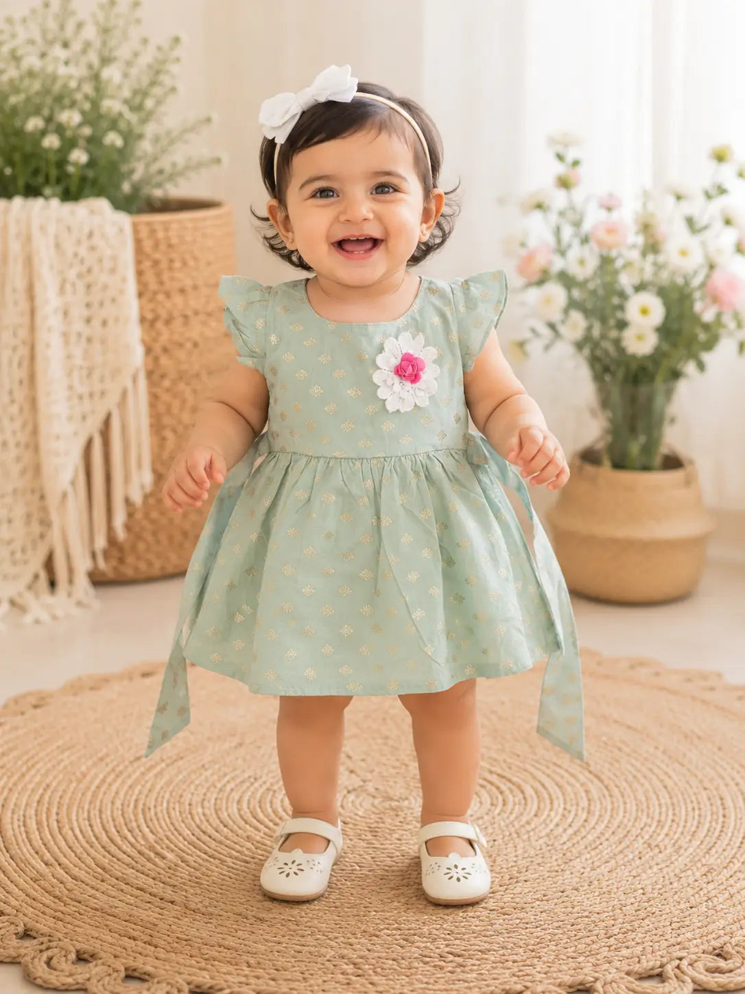 Girls Beige & White Striped Cotton Frock Dress