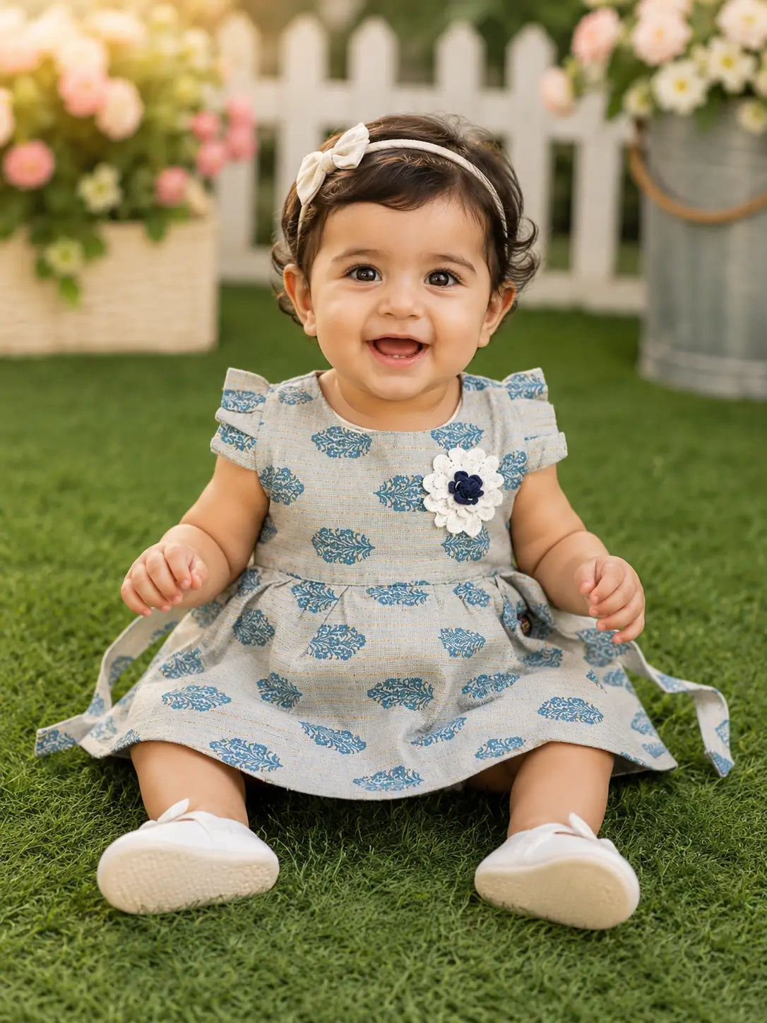 Girls Round neck Powder Blue Floral Motif Fit & Flare Cotton frock Dress with Flower Applique