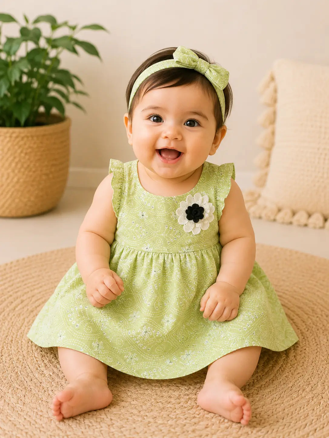 Baby Girls Round neck line Mint Green Printed Cotton Frock Dress with Floral Applique
