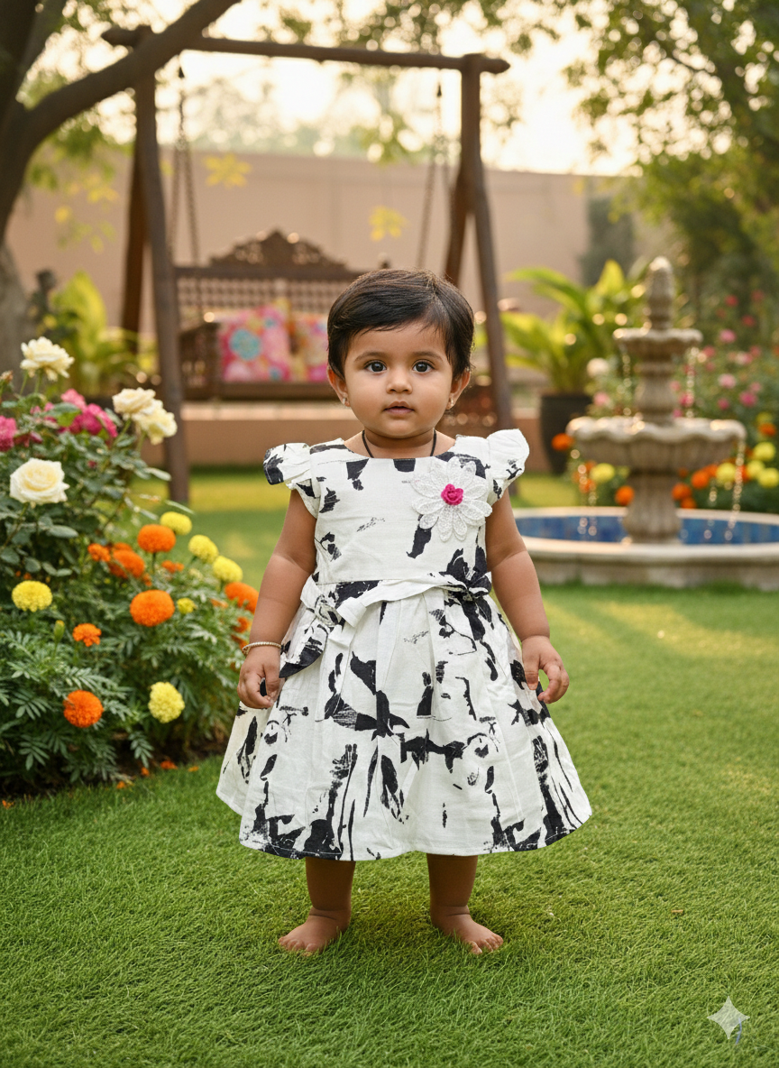 Baby girl wearing a black and white printed fit-and-flare dress with a pink-centered floral applique, standing barefoot on grass in a garden setting.