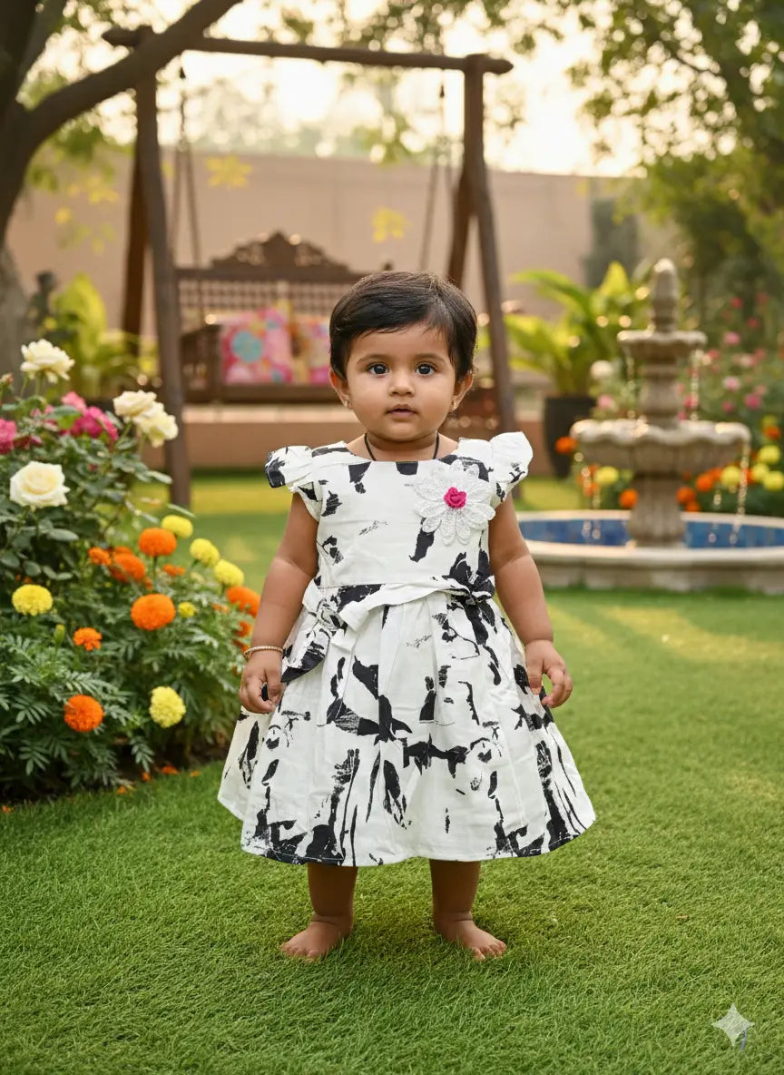Baby Girls Round neck line White & Black Abstract Printed Cotton Frock Dress with Flower Applique