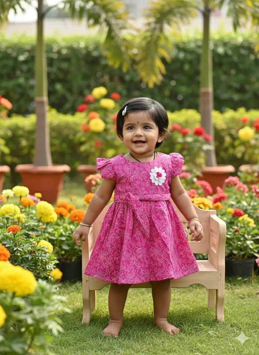 Baby Girls Round neck line Pink Floral Printed Cotton Frock Dress with Flower Applique
