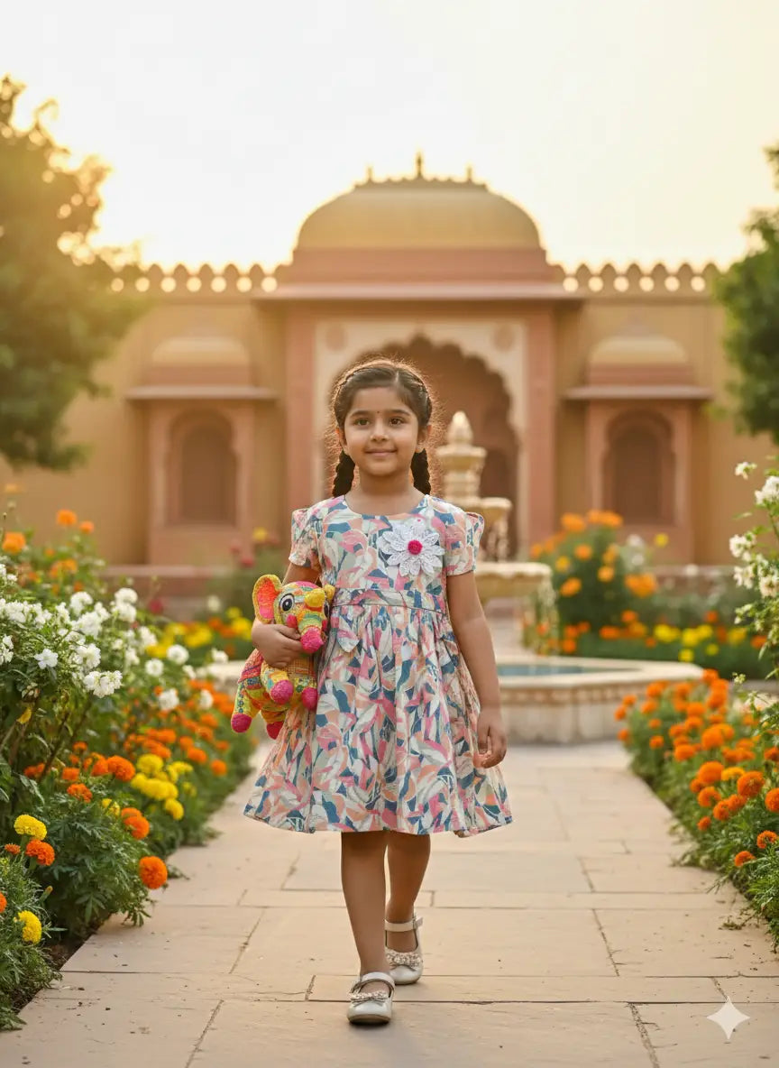 Girls Multicolor round neck line Floral Printed Cotton Frock Dress with Flower Applique