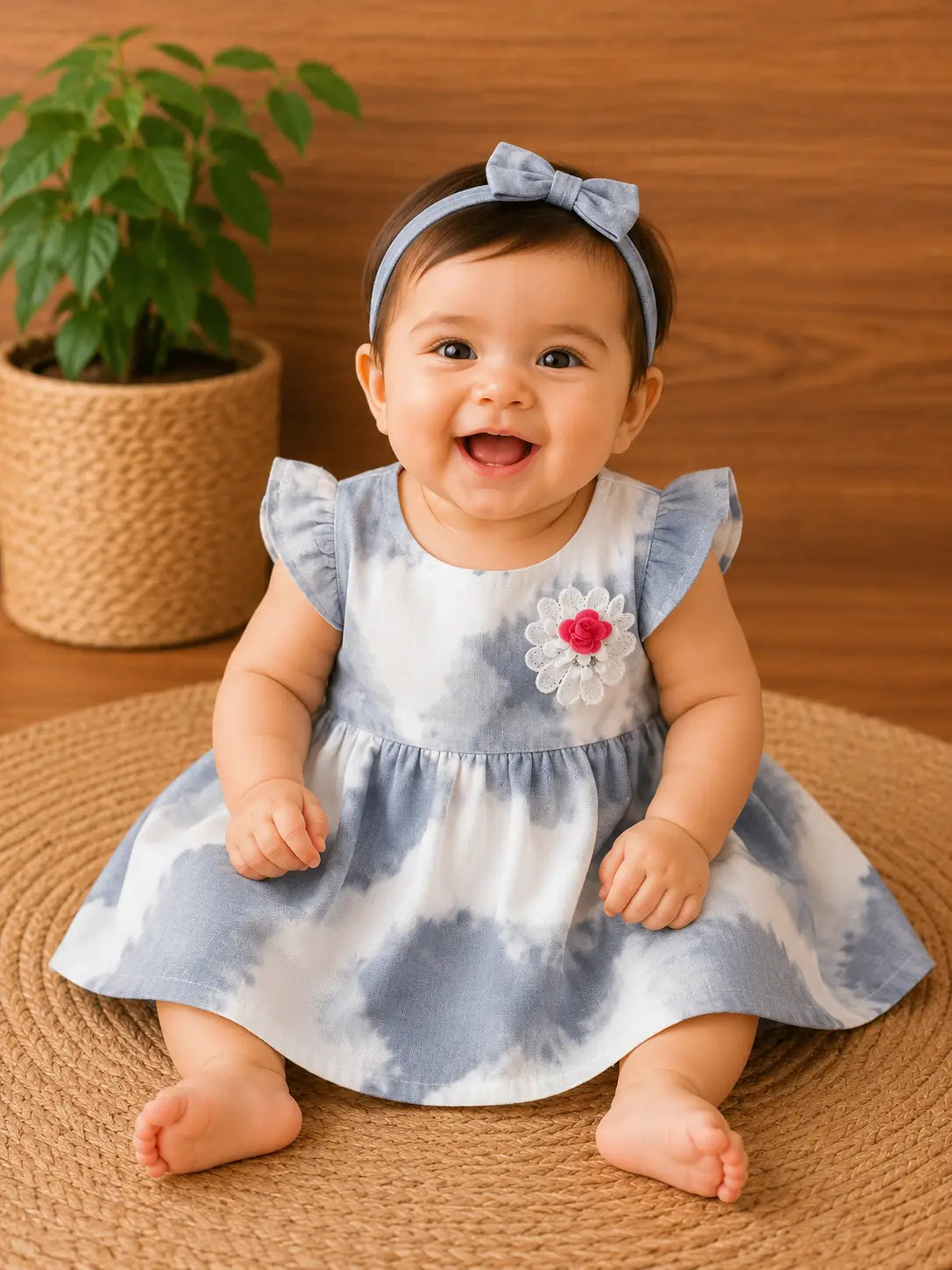 Baby Girls  Round neck line Blue Tie-Dye Cotton Frock Dress with Floral Applique