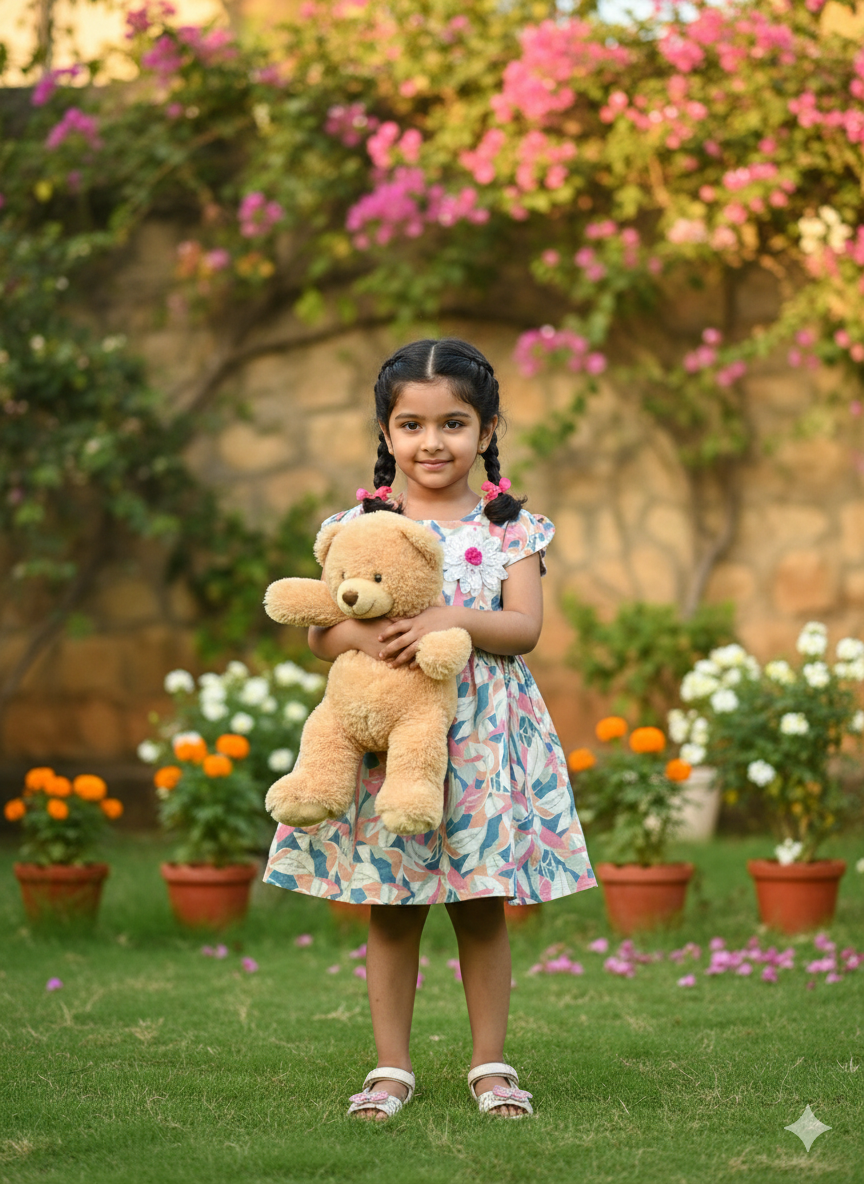 Young girl outdoors in a pastel leaf print cotton dress with cap sleeves and white flower applique holding a teddy bear