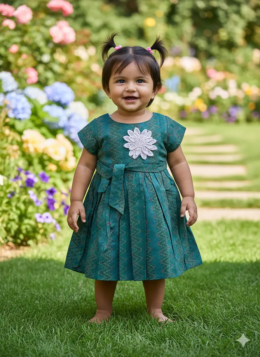 Baby Girls Teal Green Printed Cotton Frock Dress with Floral Applique
