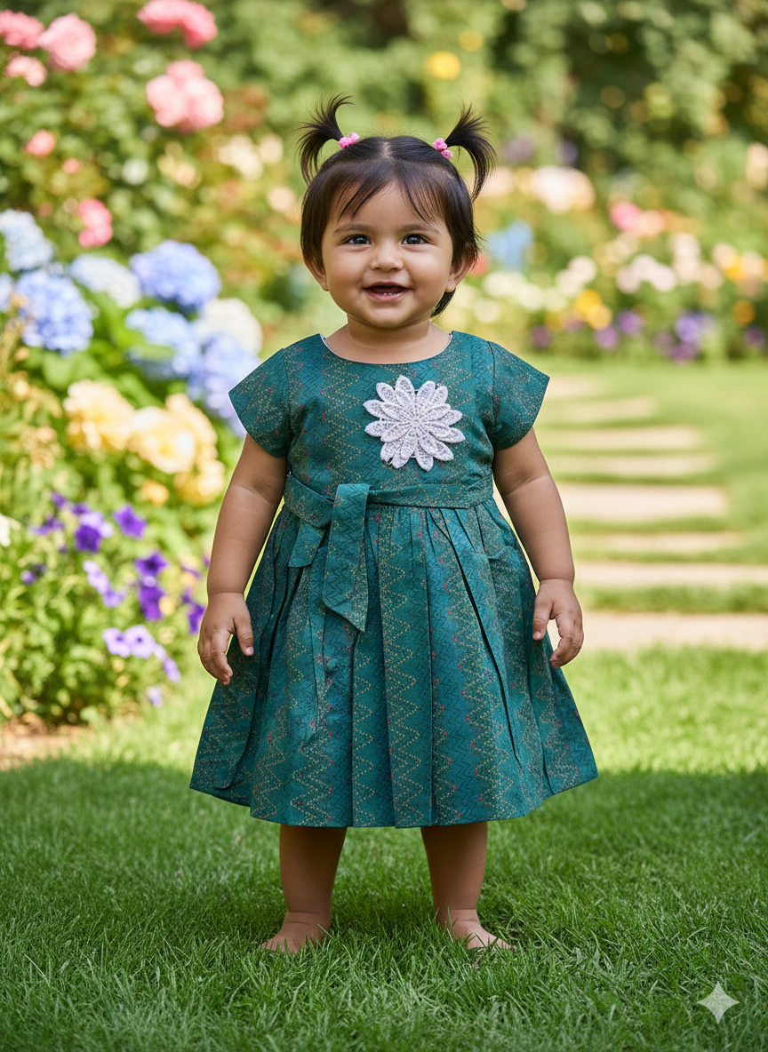 Toddler girl standing on grass in a teal patterned cotton dress with short sleeves, white flower applique, and front waist tie