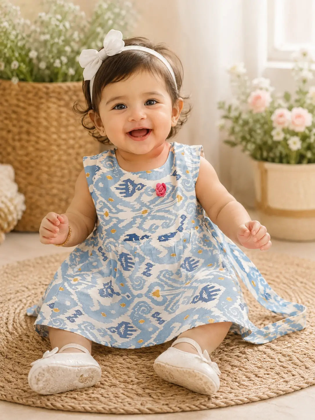 Baby Girls Comfortable round neckline Blue Floral Printed Cotton Frock Dress with Flower Applique