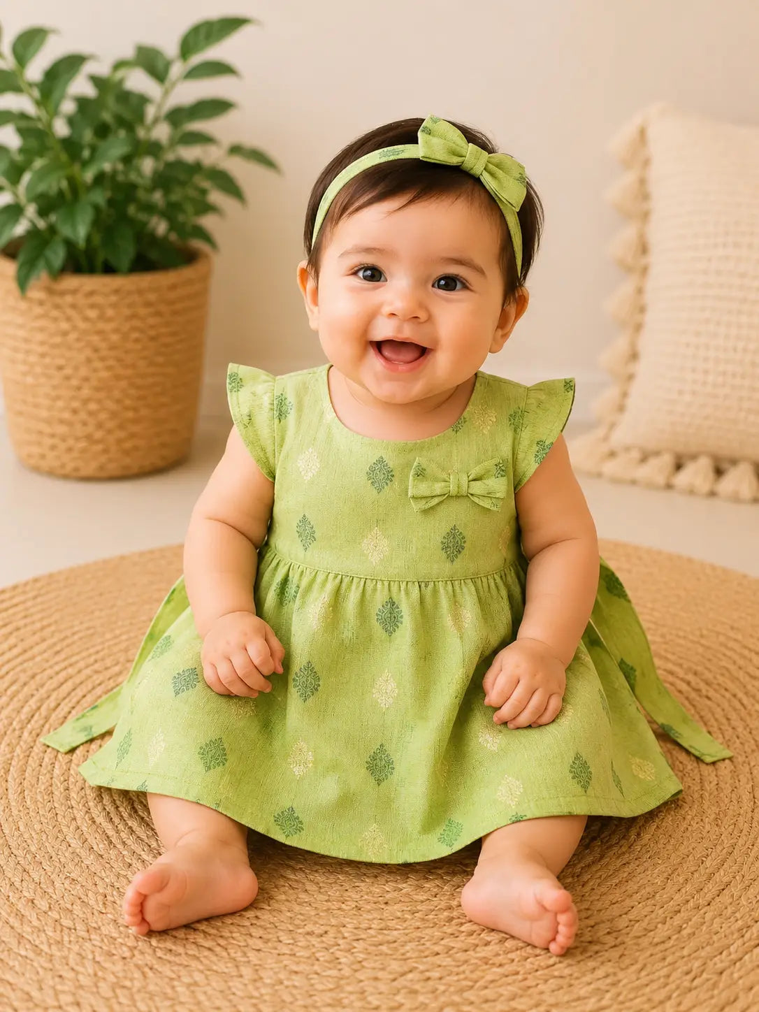 Baby Girls Lime Green  Round neck linePrinted Cotton Frock Dress with Bow Detail