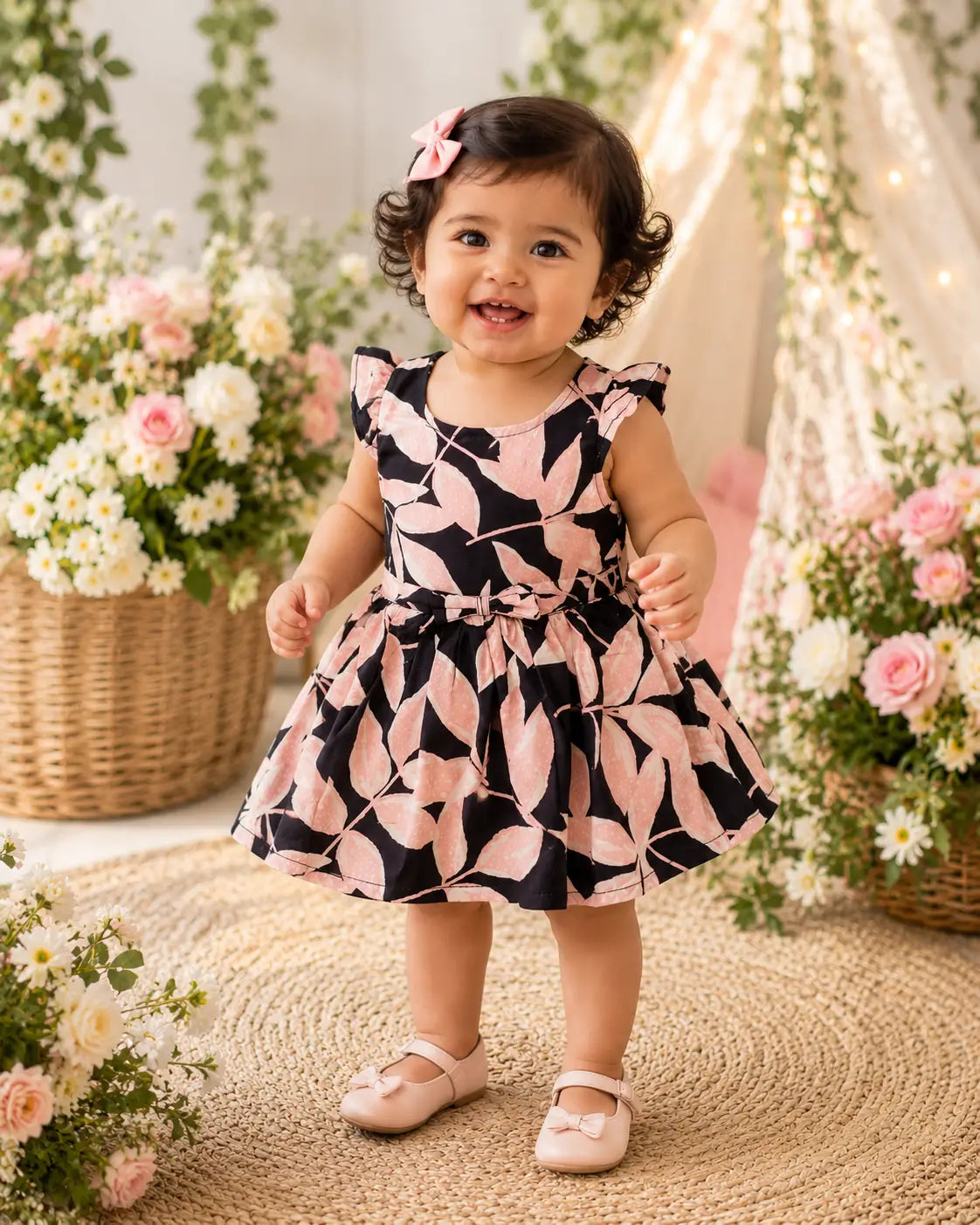 Girls Round neck Blush Pink Leaf Print Sleeveless Cotton frock Dress
