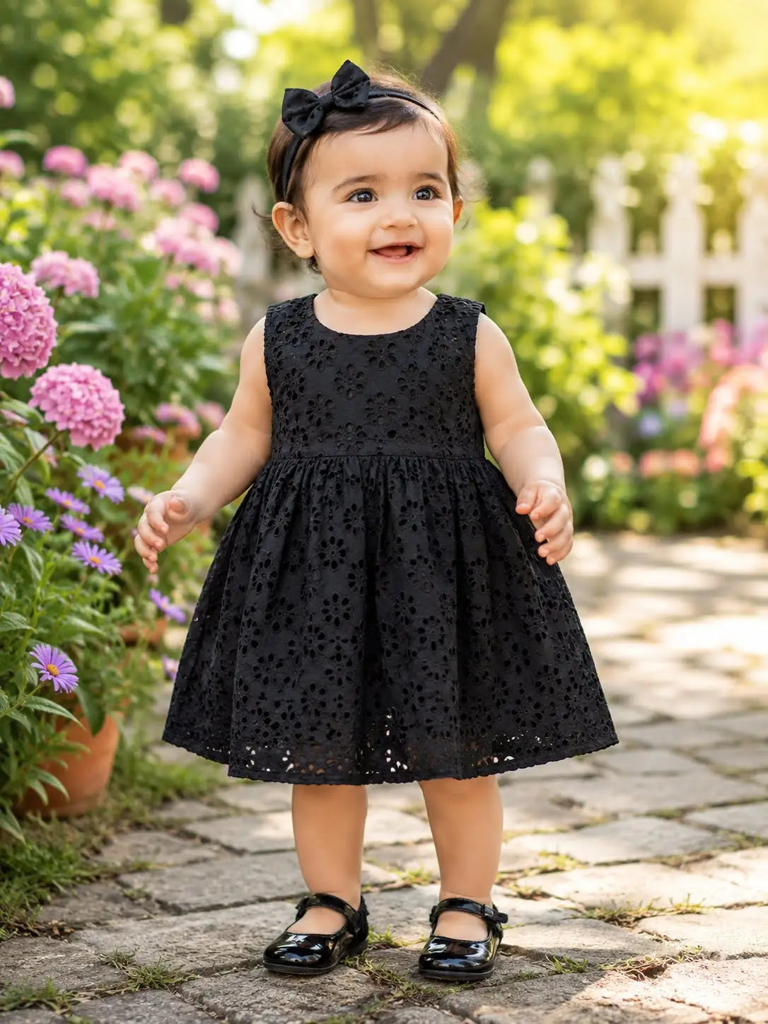 Baby Girls Round neck line Black Schiffli Embroidered Cotton Frock Dress