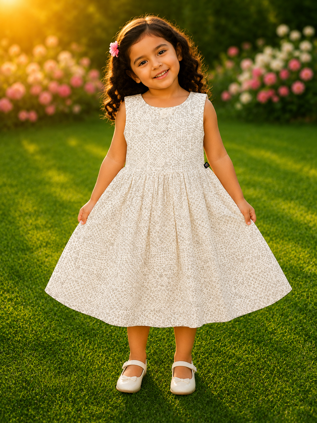 Little girl wearing an ivory sleeveless fit and flare dress with grey geometric print, standing outdoors on green grass with flowers in background
