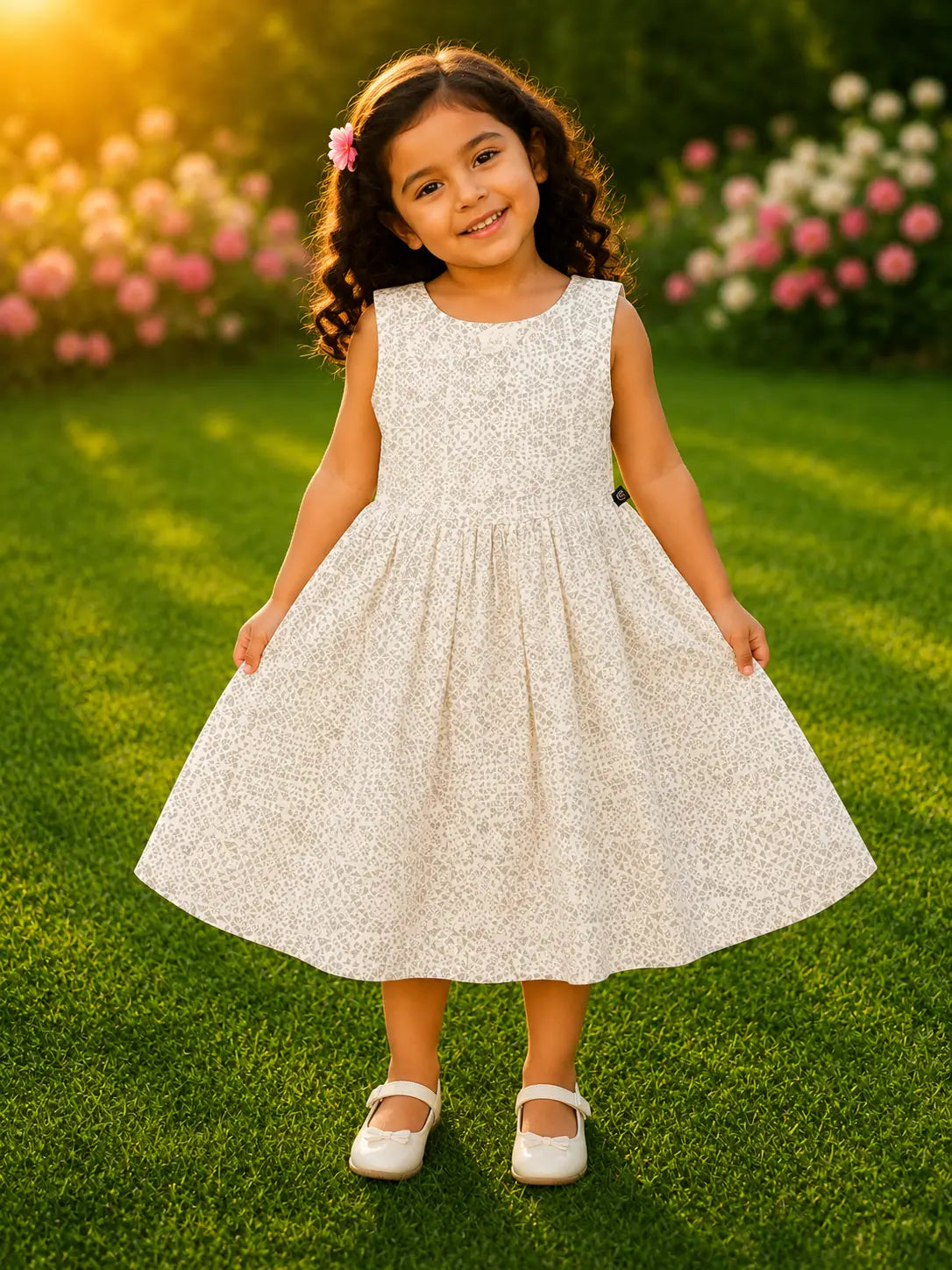 Girls Ivory White Printed Cotton A-Line Cotton Frock Dress