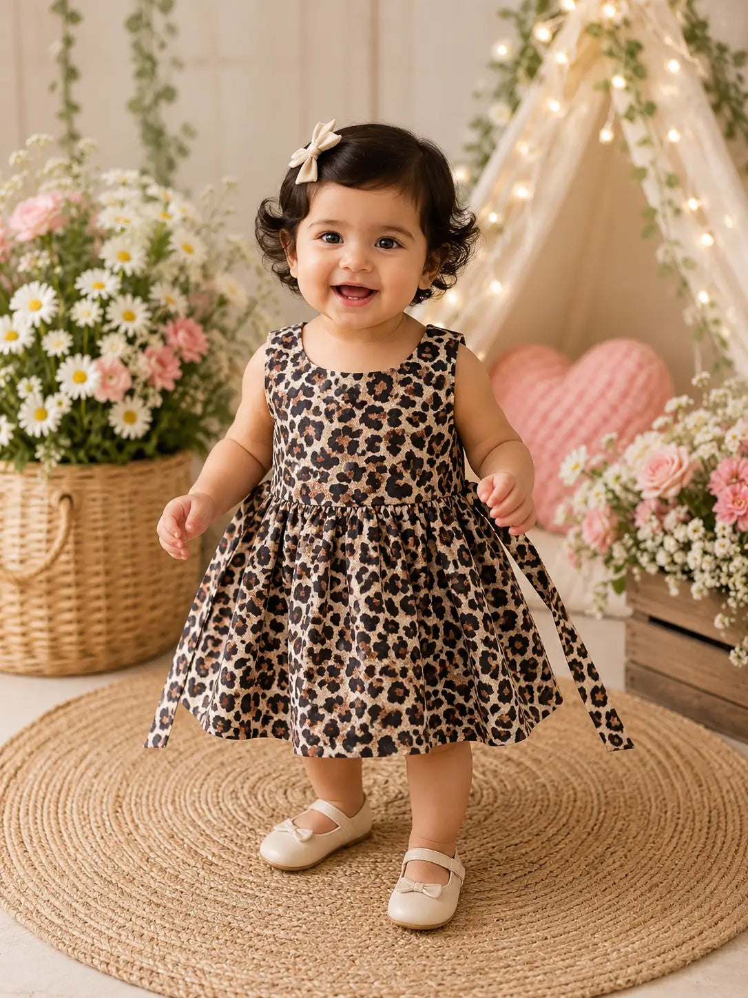 Girls Round Neck Beige  Leopard Print Fit & Flare Cotton frock  Dress