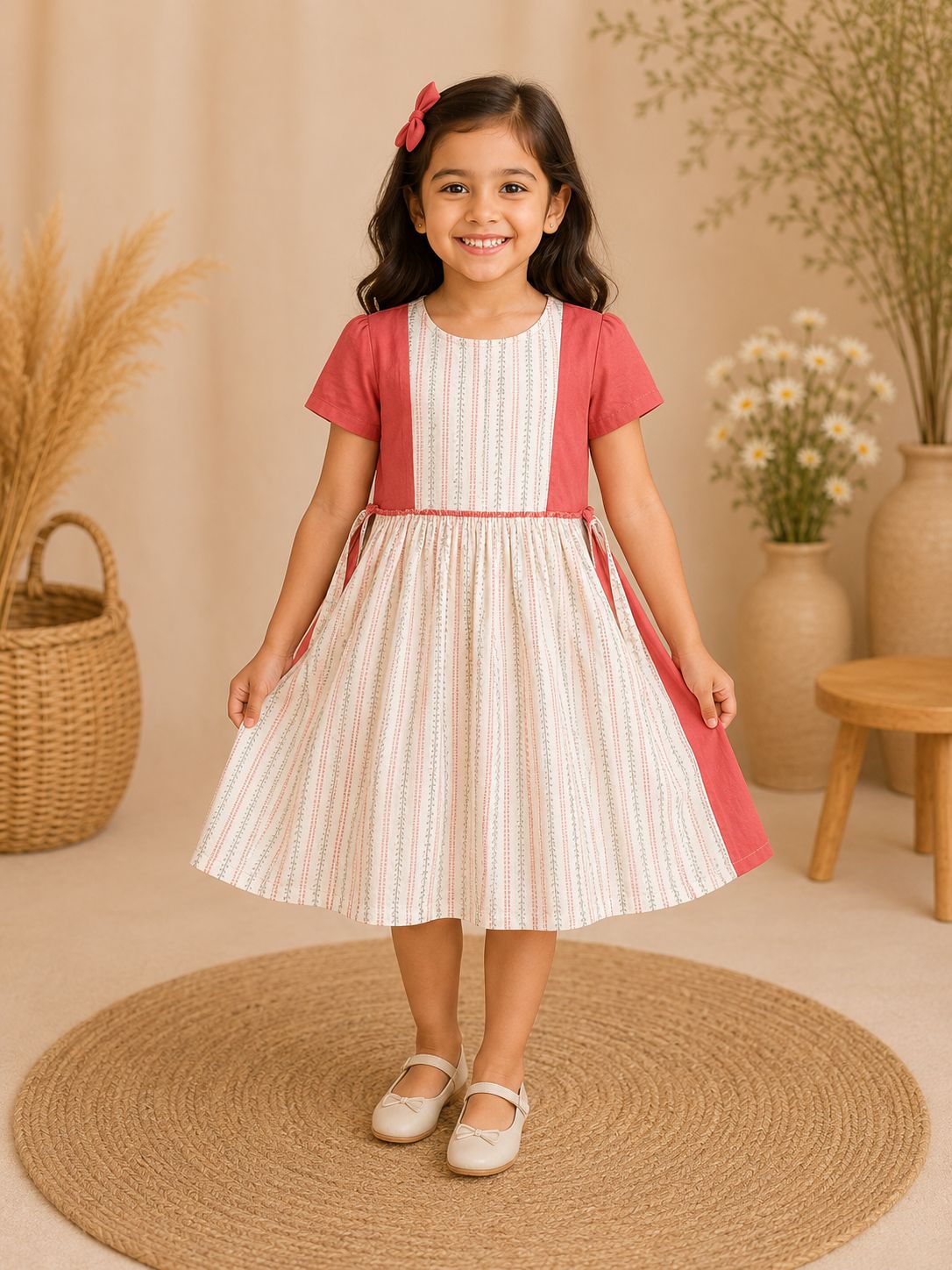 Girls round neckline Coral Red & Cream  Fit & Flare cotton frock  Dress with Floral Stripe Print