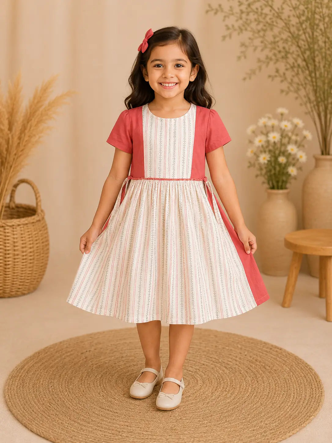 Girls round neckline Coral Red & Cream  Fit & Flare cotton frock  Dress with Floral Stripe Print