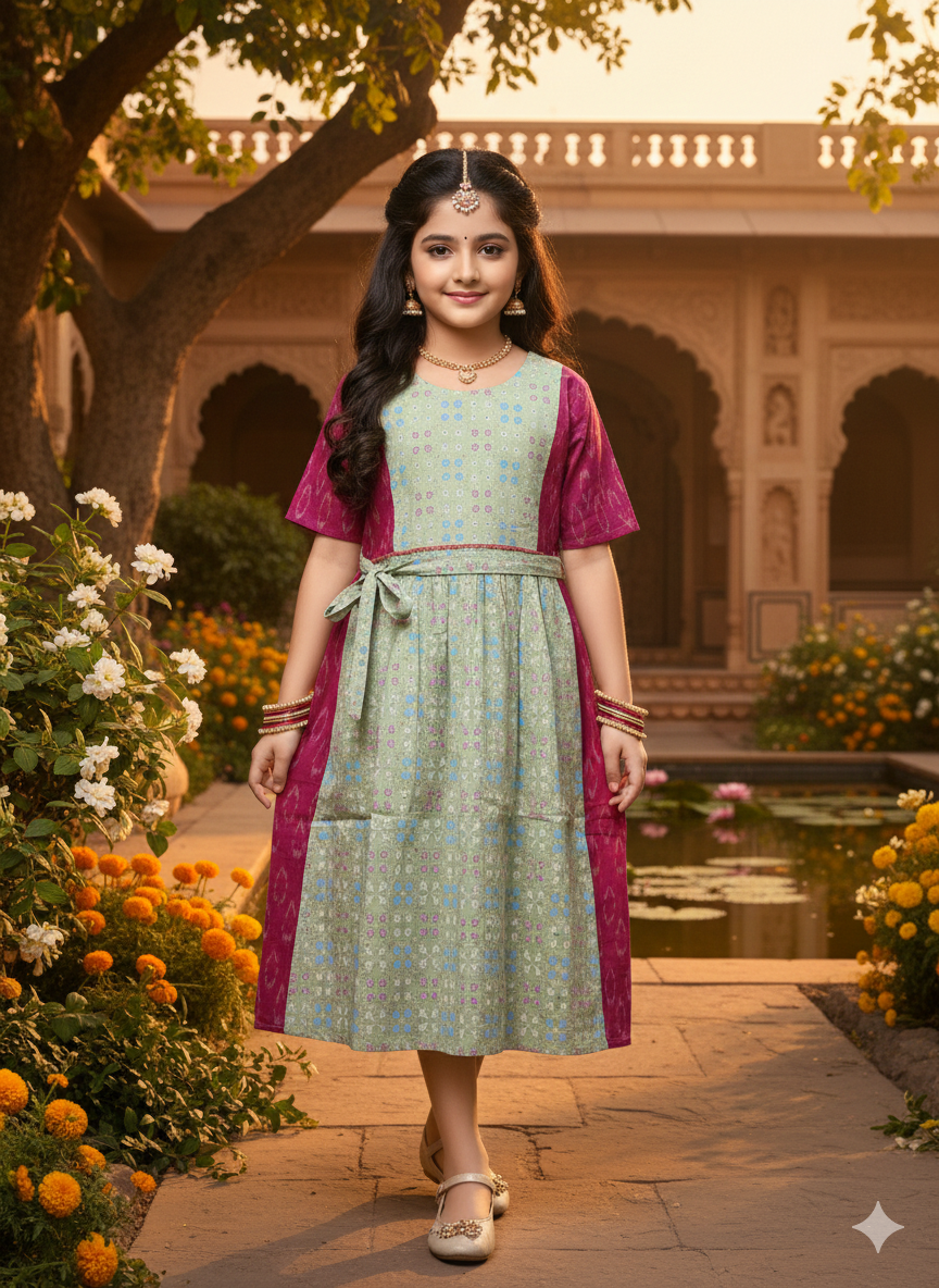 Young girl wearing a green and magenta printed casual dress with a waist tie, standing outdoors in a garden setting.