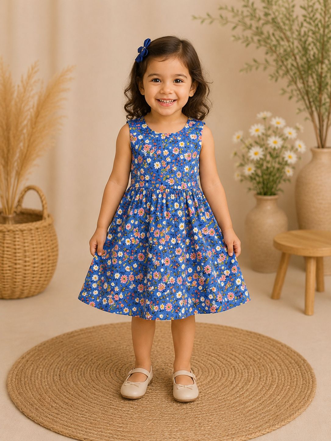 Girls Round neckline  Royal Blue Floral Print  Sleeveless  Rayon frock Dress