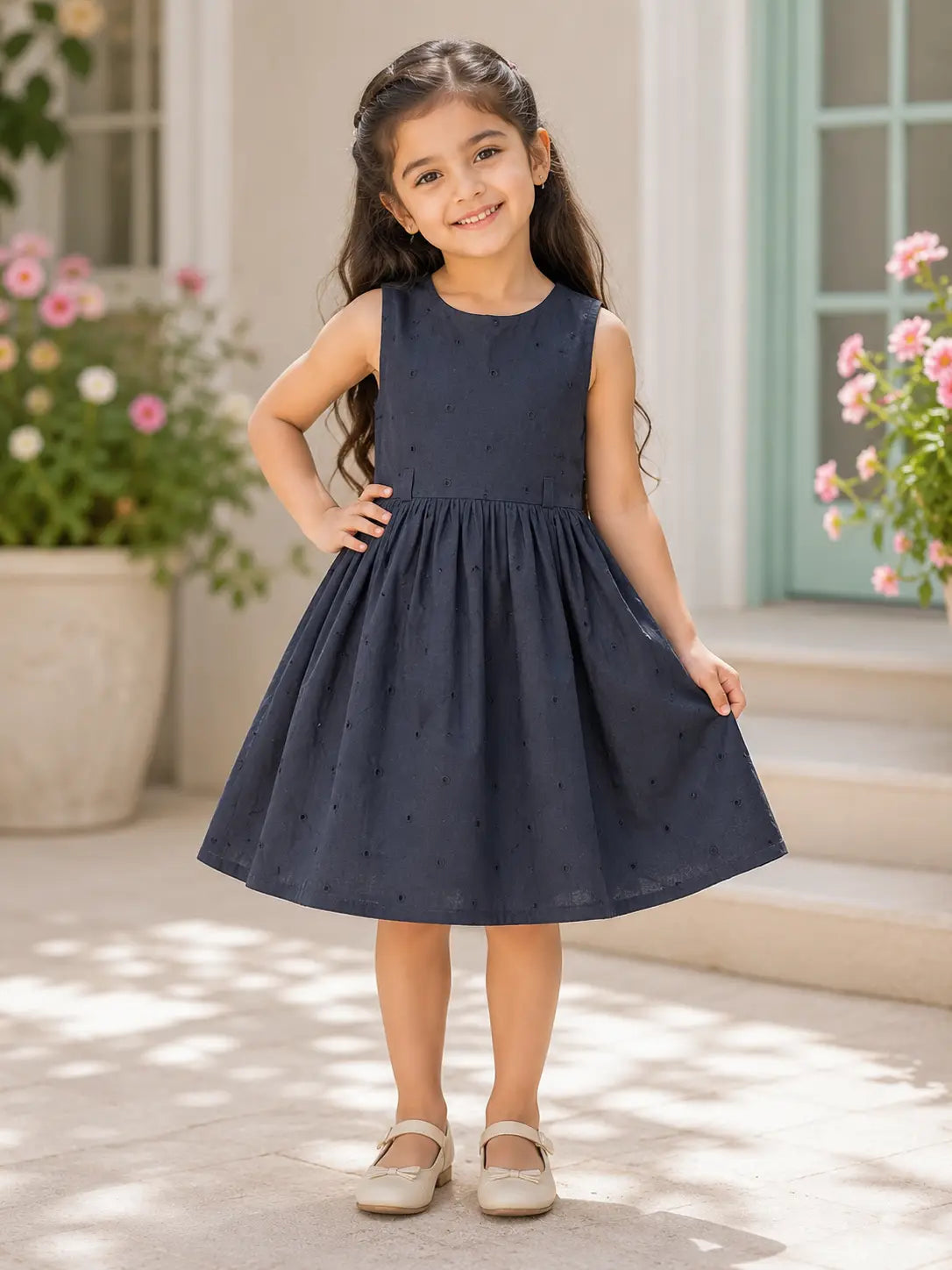 Girls Round neckline Dark Navy Blue Schiffli Cotton Fit & Flare  Frock Dress