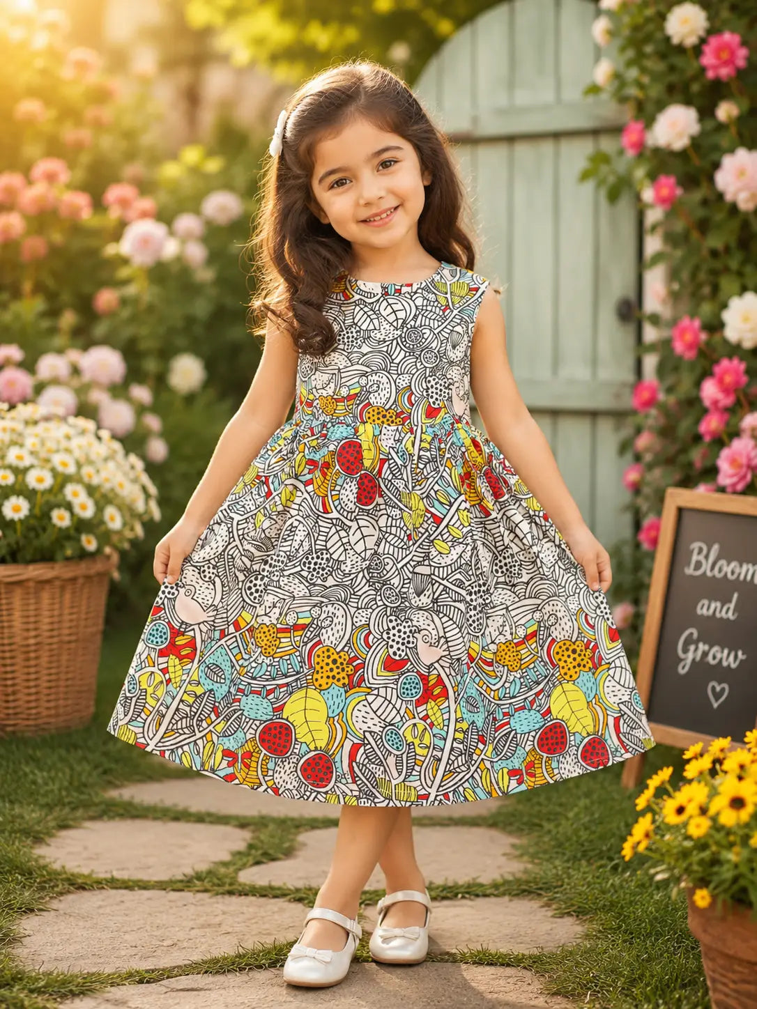 Girls round neckline  Multicolor Abstract Floral  Sleeveless cotton  frock Dress
