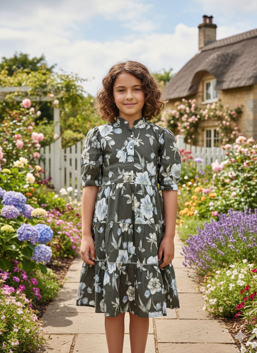 Girls Charcoal Grey Floral Printed cotton Tiered with  3/4 Sleeves