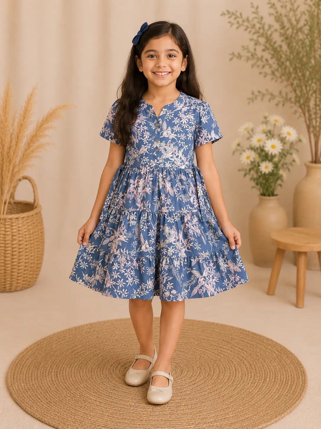 Girls  Mandarin Collar  Dusty Blue Floral Print cotton Tiered frock Dress