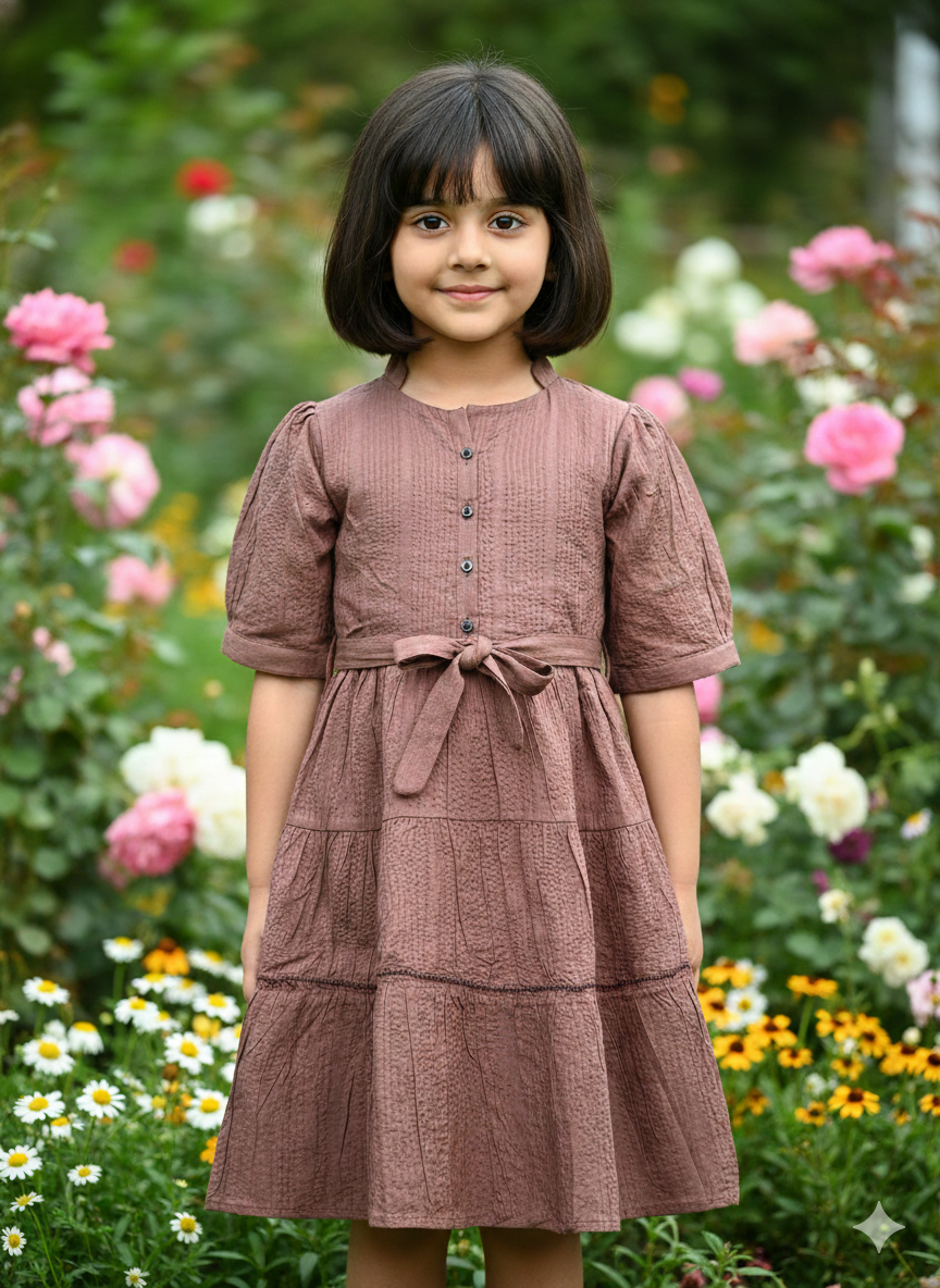 Young girl wearing a brown textured tiered dress with button front and puff sleeves in a garden