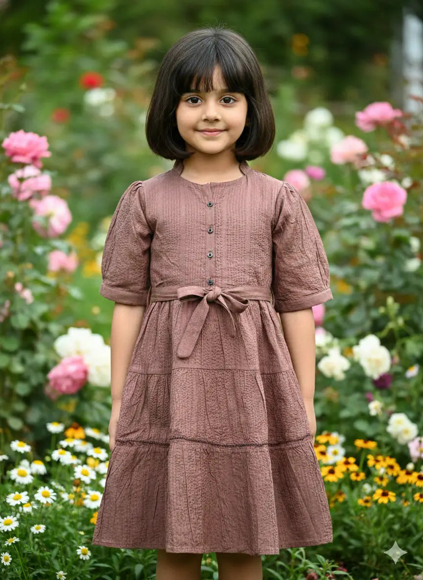 Girls  Round Neck with Front Button Detail Dusty Rose Textured Cotton Tiered Frock Dress