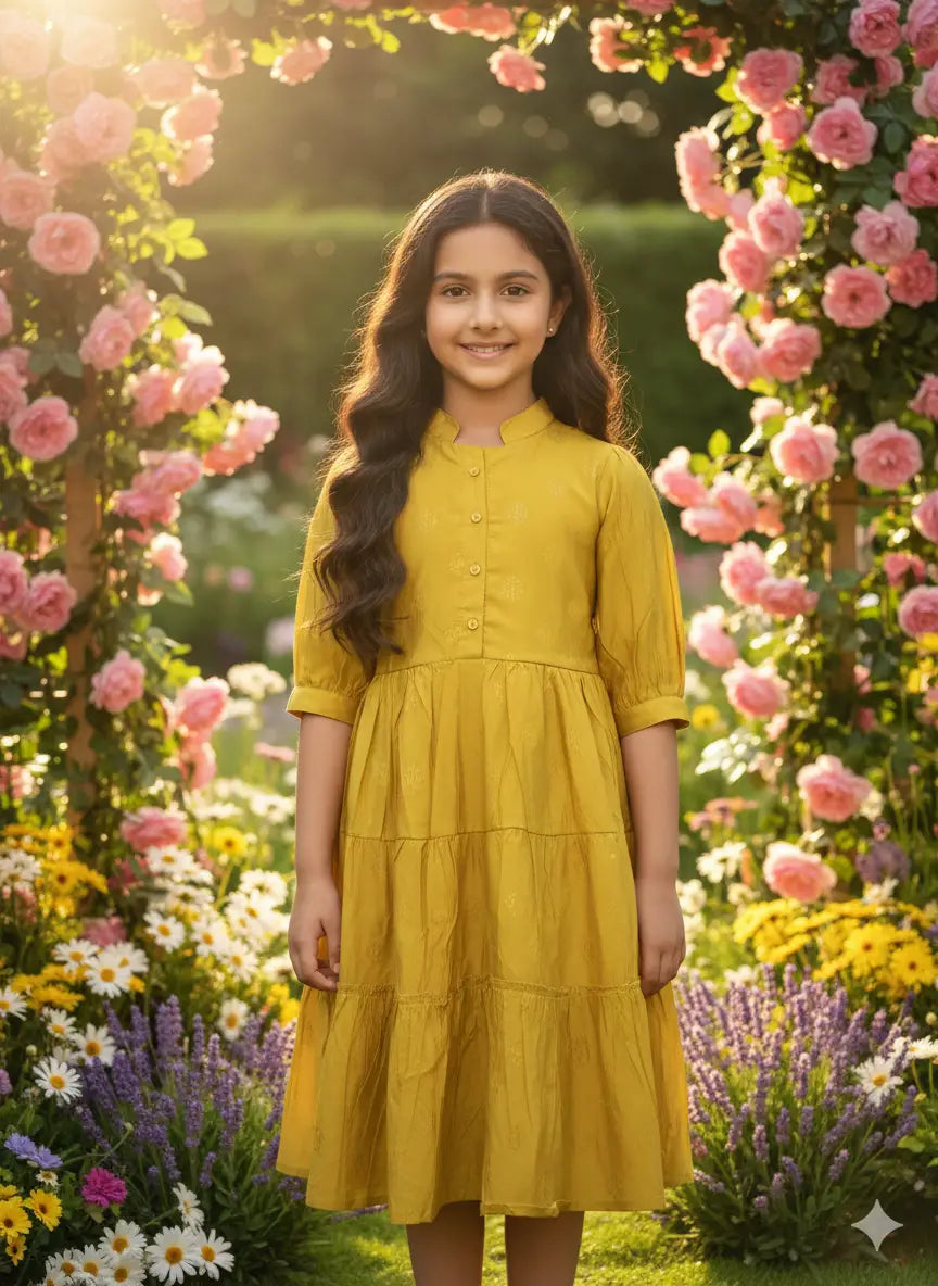 Girls Mustard Yellow Striped cotton Tiered frock with short sleeves