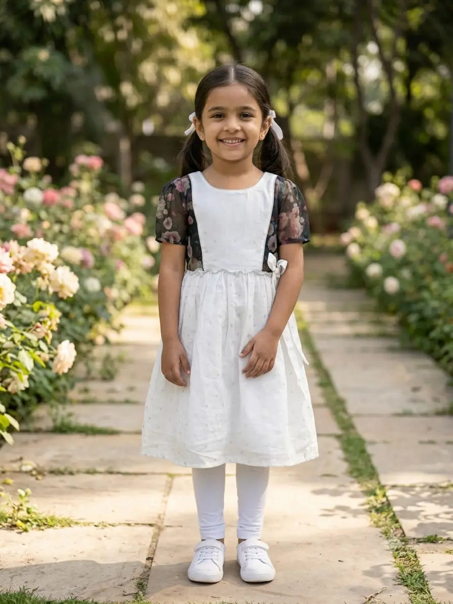 Girls Pearl White cotton Party Dress with Floral Sheer Sleeve