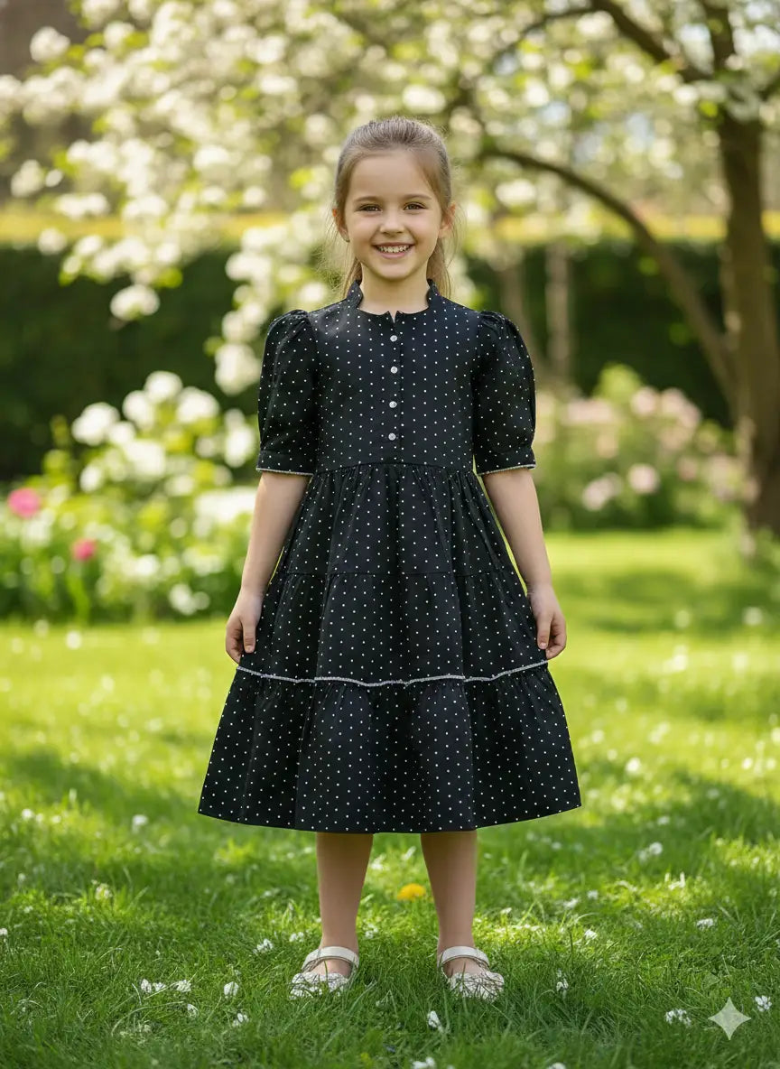 Girls Round Neck with Button Placket Black Polka Dot Tiered Cotton frock Dress