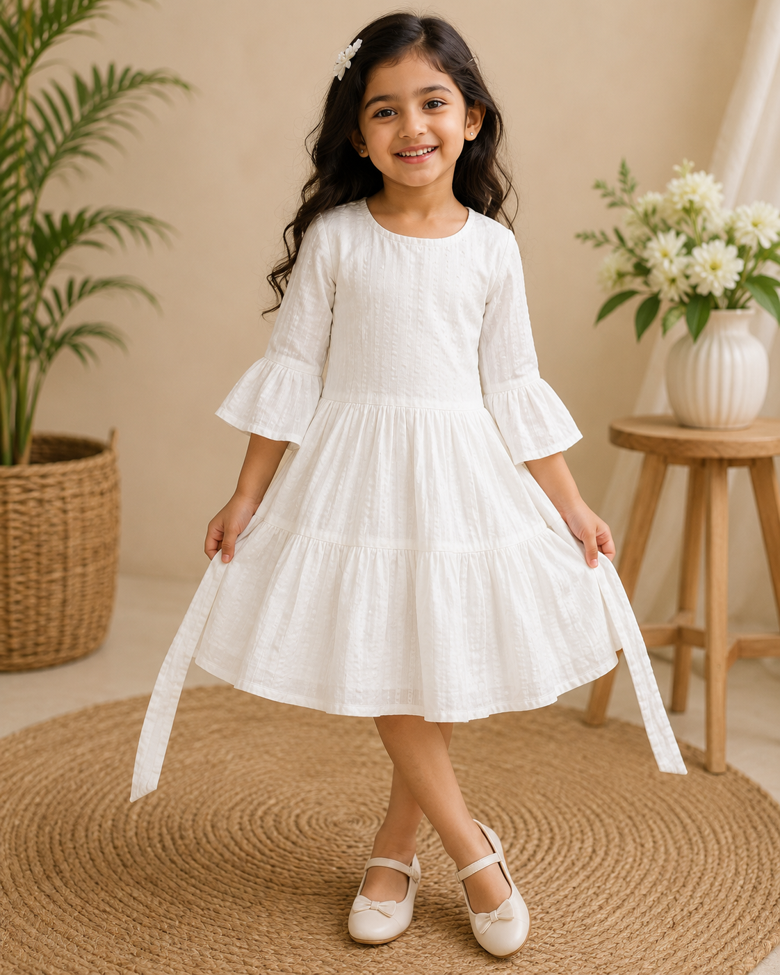 Girls White Cotton Round Neck Line Tiered Frock with Bell Sleeves and Soft Lining