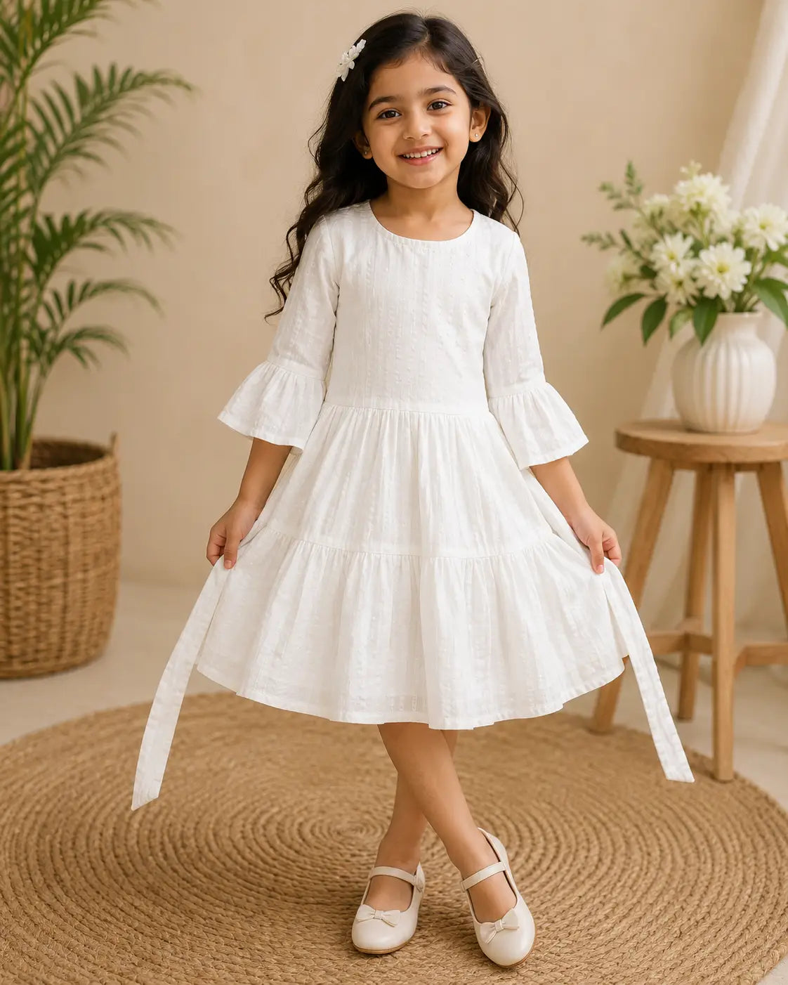 Girls White Cotton Round Neck Line Tiered Frock with Bell Sleeves and Soft Lining