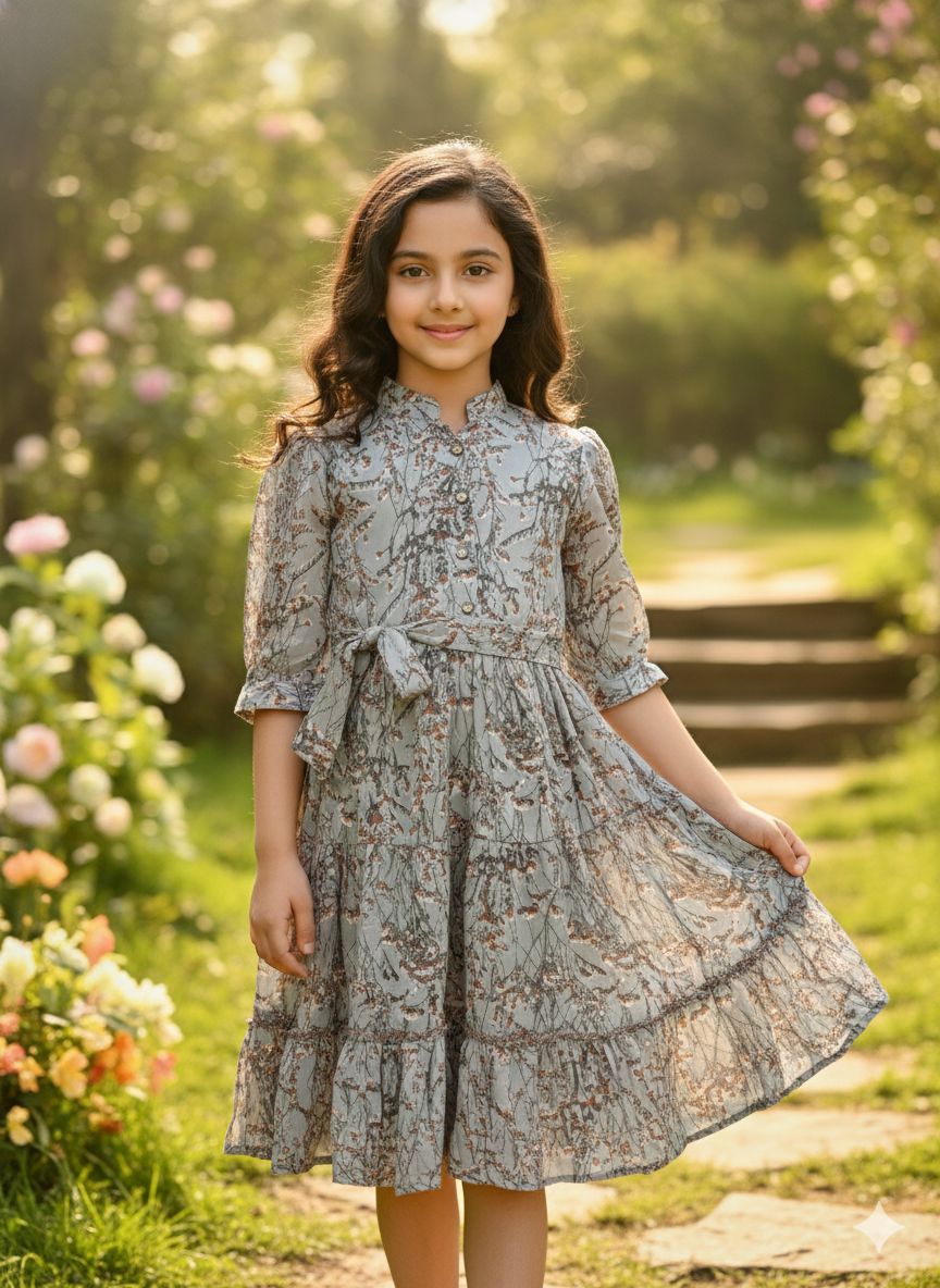 Girls Grey Floral Print  Rayon Fit & Flare Mandarin collar  Frock