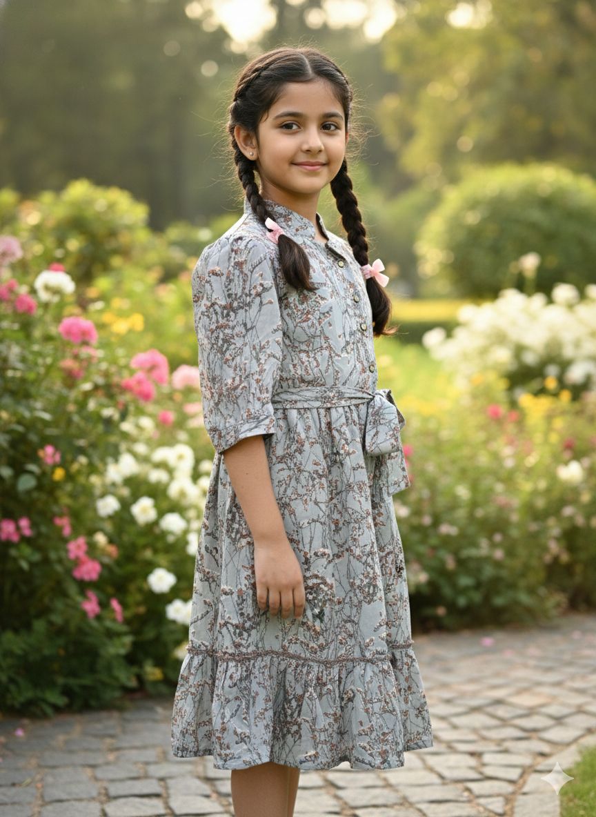Girls Grey Floral Print  Rayon Fit & Flare Mandarin collar  Frock