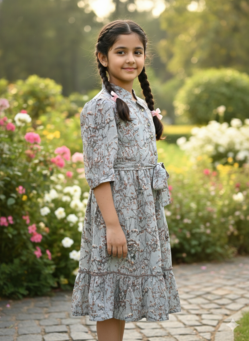 Girls Grey Floral Print  Rayon Fit & Flare Mandarin collar  Frock